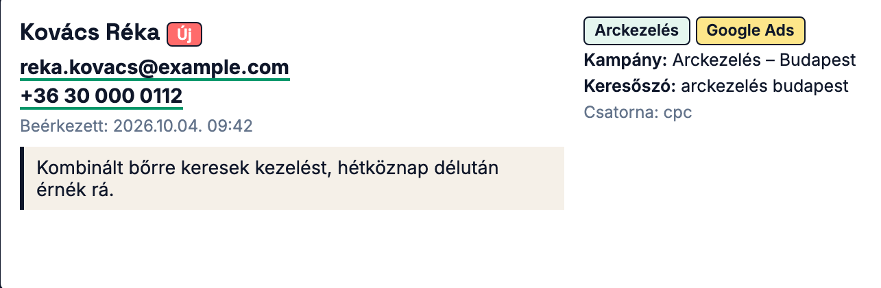 A lead-műhely érdeklődőlistája, kitalált adatokkal